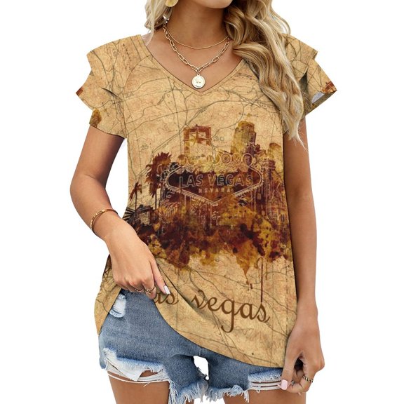 T-Shirt Women'S Untitled Ruffle Short Sleeve T Shirts Summer V Neck Tops Fashion Casual Tee Shirt Las Vegas Las Vegas Skyline Las Vegas