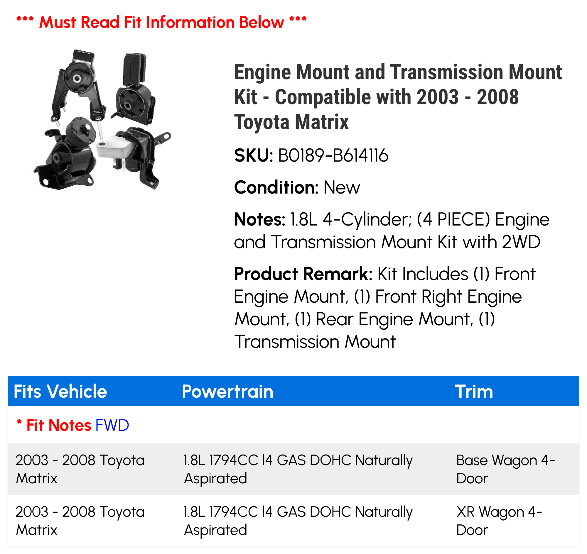 Engine Mount and Transmission Mount Kit - Compatible with 2003 - 2008 Toyota Matrix 2004 2005 2006 2007
