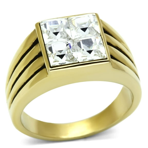 Luxe Jewelry Designs Men's Gold IP Stainless Steel Ring with Clear Square Crystal and Black Epoxy -