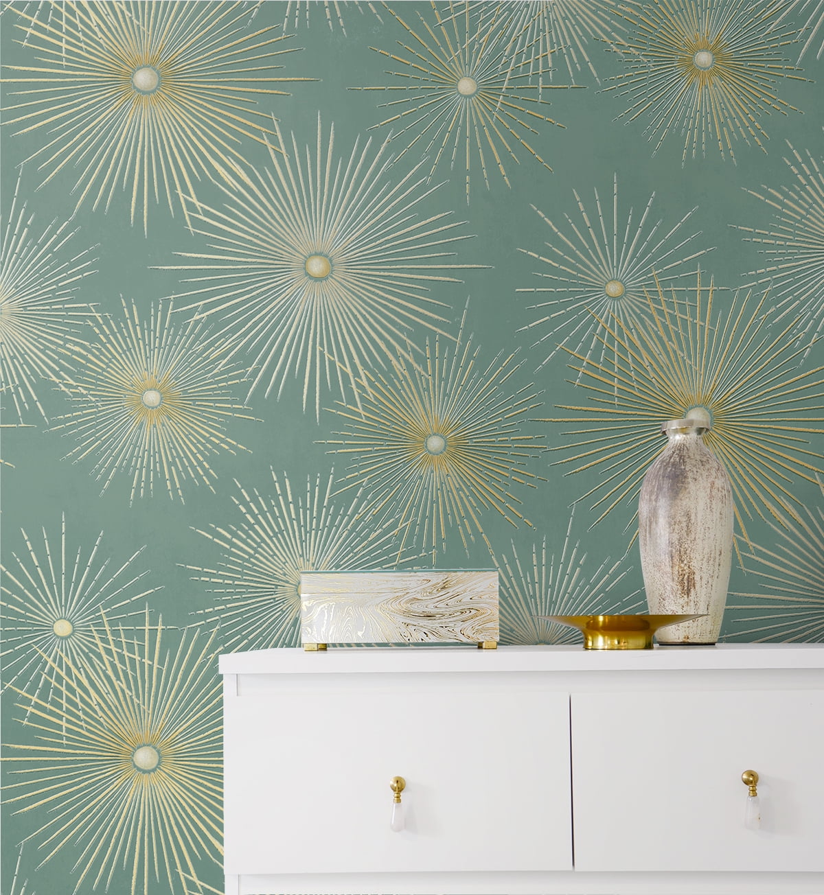 NextWall Teal & Metallic Gold Starburst Geo Peel and Stick Wallpaper