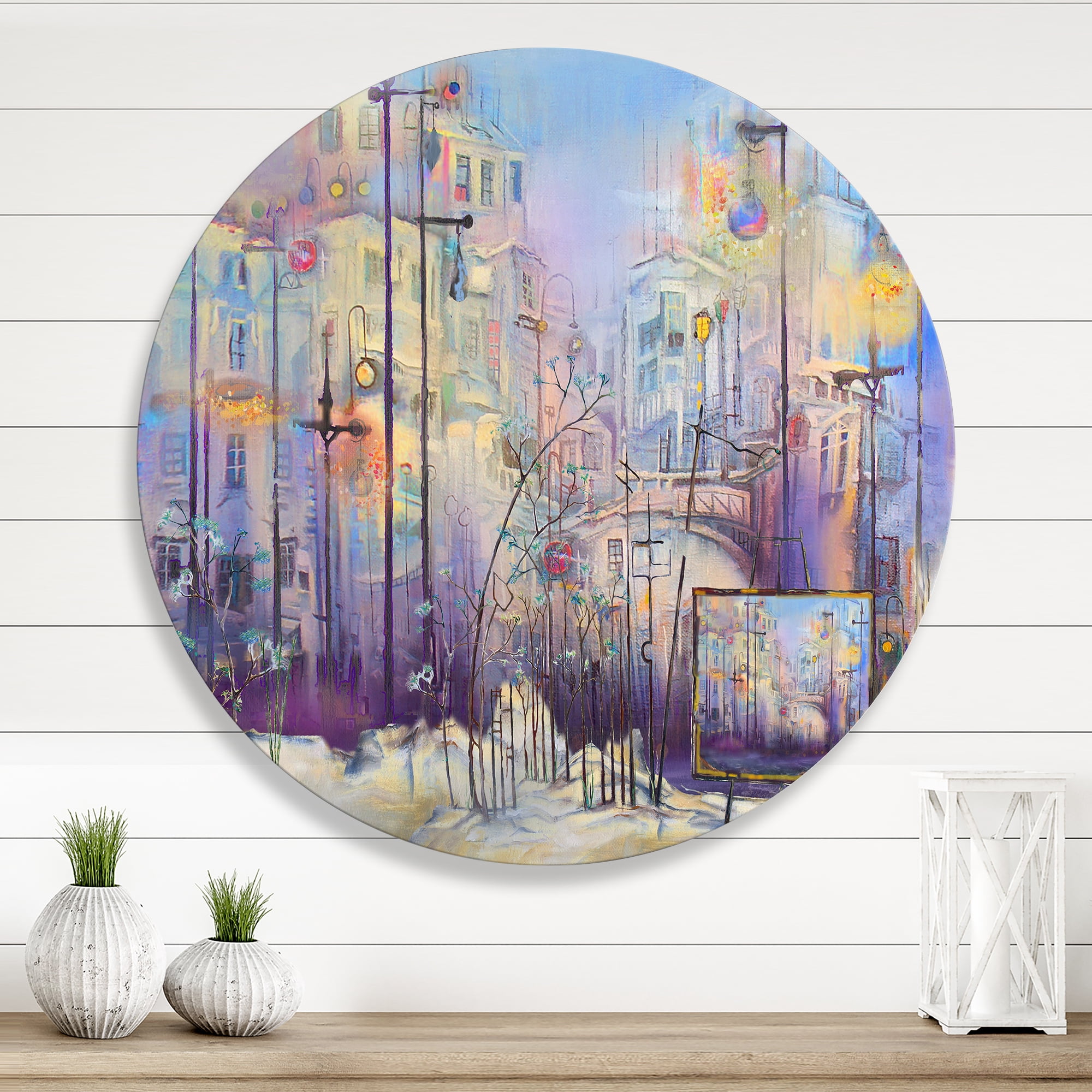 Designart 'Abstract Cityscape With Pastel ' Modern Circle Metal Wall Art 23x23 - Disc of 23
