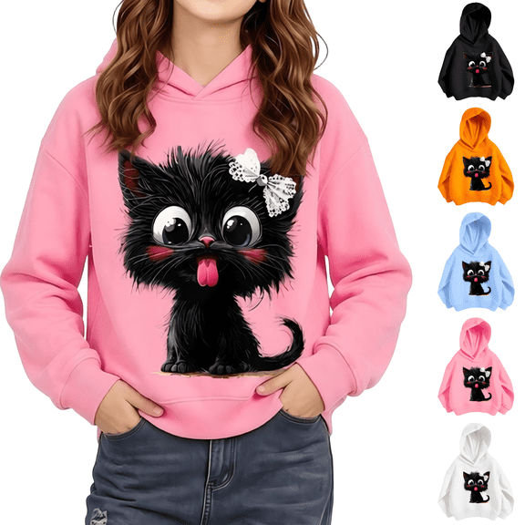 Wilark Girls Cat Graphic Hoodies Size 2-8, Fall Casual Pullover Long Sleeve Kids Hooded Sweatshirts Pink