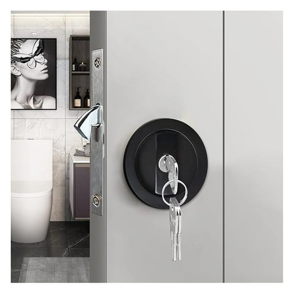 Invisible Sliding Barn Wood Door Pocket Door Handle Lock with Keys (Black, Dia-2.95")