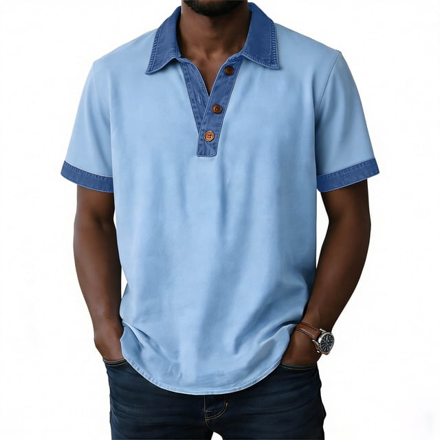 Camisetas de Manga Corta de los Hombres Casual Cuello de Color Sólido Botonada Camiseta Parchada, Camisetas de Verano de Manga Corta para el Ejercicio