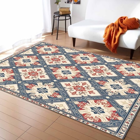 Area Rugs Indoor Non-Slip Rectangle Rug 2.7x5 Ft Vintage Boho Retro Geometric Ethnic Abstract Pattern Rug Rubber Backing Floor Mats Non Shedding Home Decor Carpet for Entryway Living Room