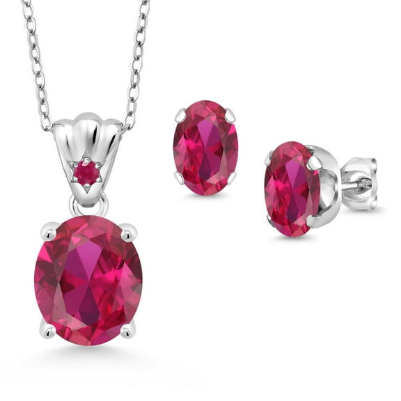 Gem Stone King 925 Sterling Silver Red Created Ruby and Red Ruby Pendant and Earrings Jewelry Set for Women (6.74 Cttw, Gemstone Birthstone, Oval 11X9MM and 8X6MM with 18 inch Silver Chain)