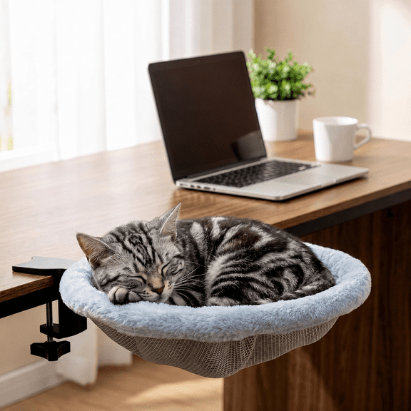 Cat Desk Bed, One-Click Folding Space-Saving Cat Hammock with Sunken Design, Soft Faux Rabbit Fur, Fits Most Desks, Holds Up to 40 lbs