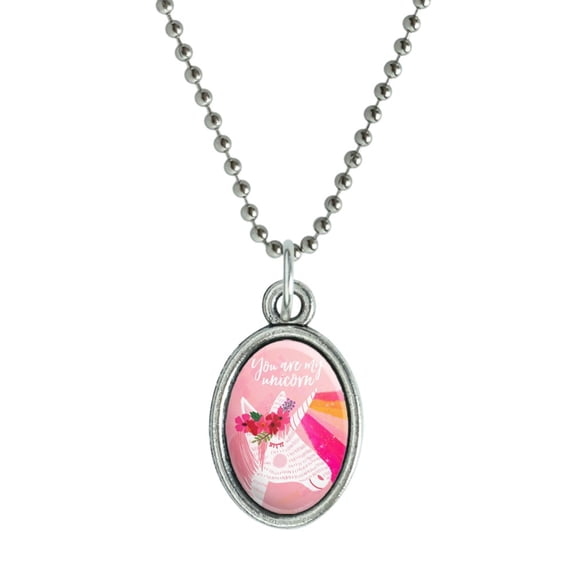 You are my Unicorn Flowers Rainbow Horn Antiqued Oval Charm Pendant with Chain