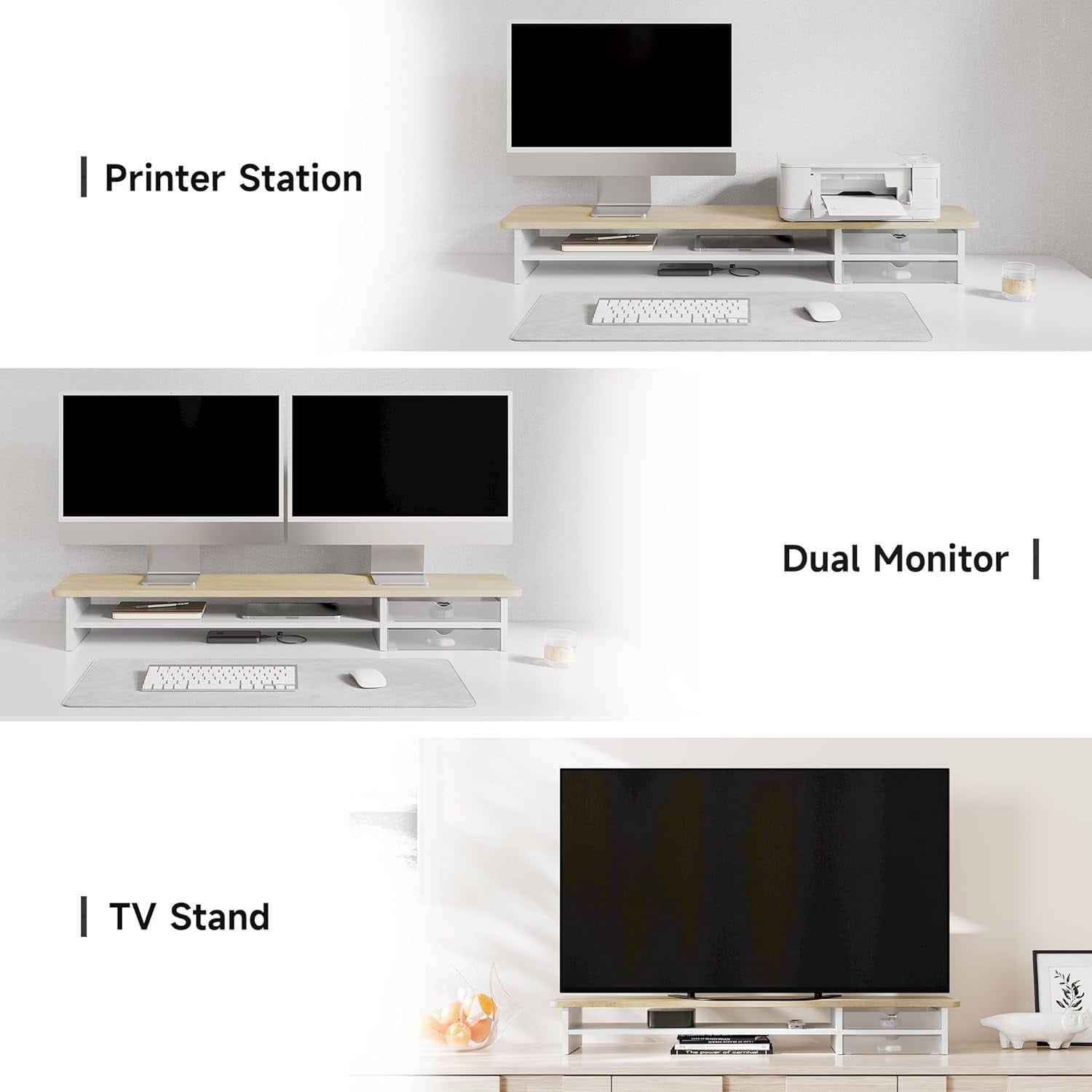 Monitor Stand, Dual Monitor Riser, 42.5inch Large Desk Computer Monitor Stand Riser with Drawer, 2 Tier Wood & Acrylic Desktop Organizer for Computer, Laptop, Printer, TV Screen Riser