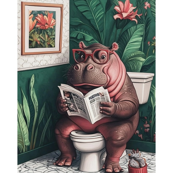 Paint by Number for Adult Kit-Rhino sitting on toilet and reading newspaper, DIY Acrylic Paint by Numbers for Adults Beginner Oil Painting by Number on Canvas for Home Wall Decor 16x20inch-