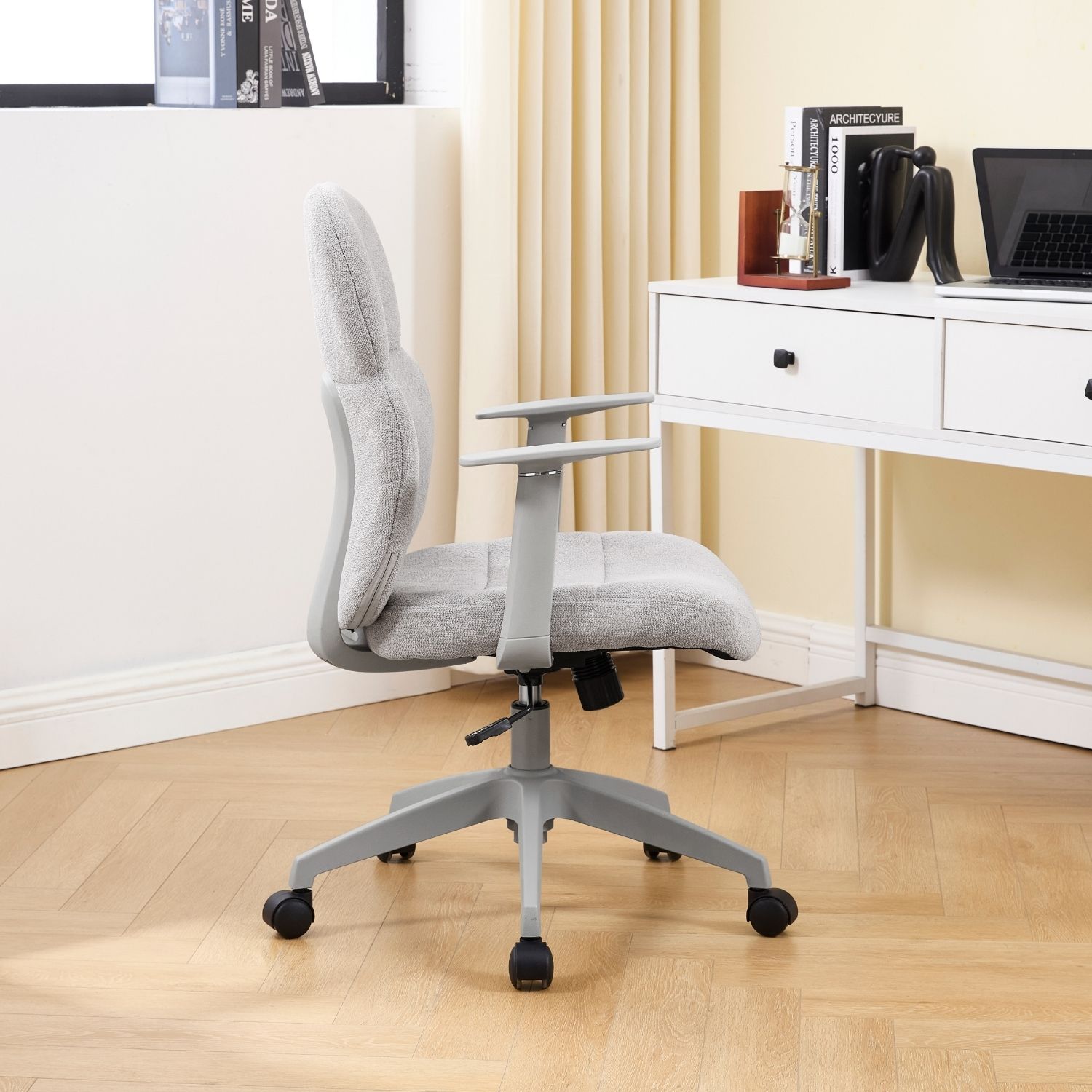 Dayalane Modern Adjustable Office Chair, Swivel Fabric Ergonomic Task Chair with Armrests, 90-120° Tilt Function and Wide Cushion Desk Chair for Home/Bedroom/Study/Office/Conference Room, Beige