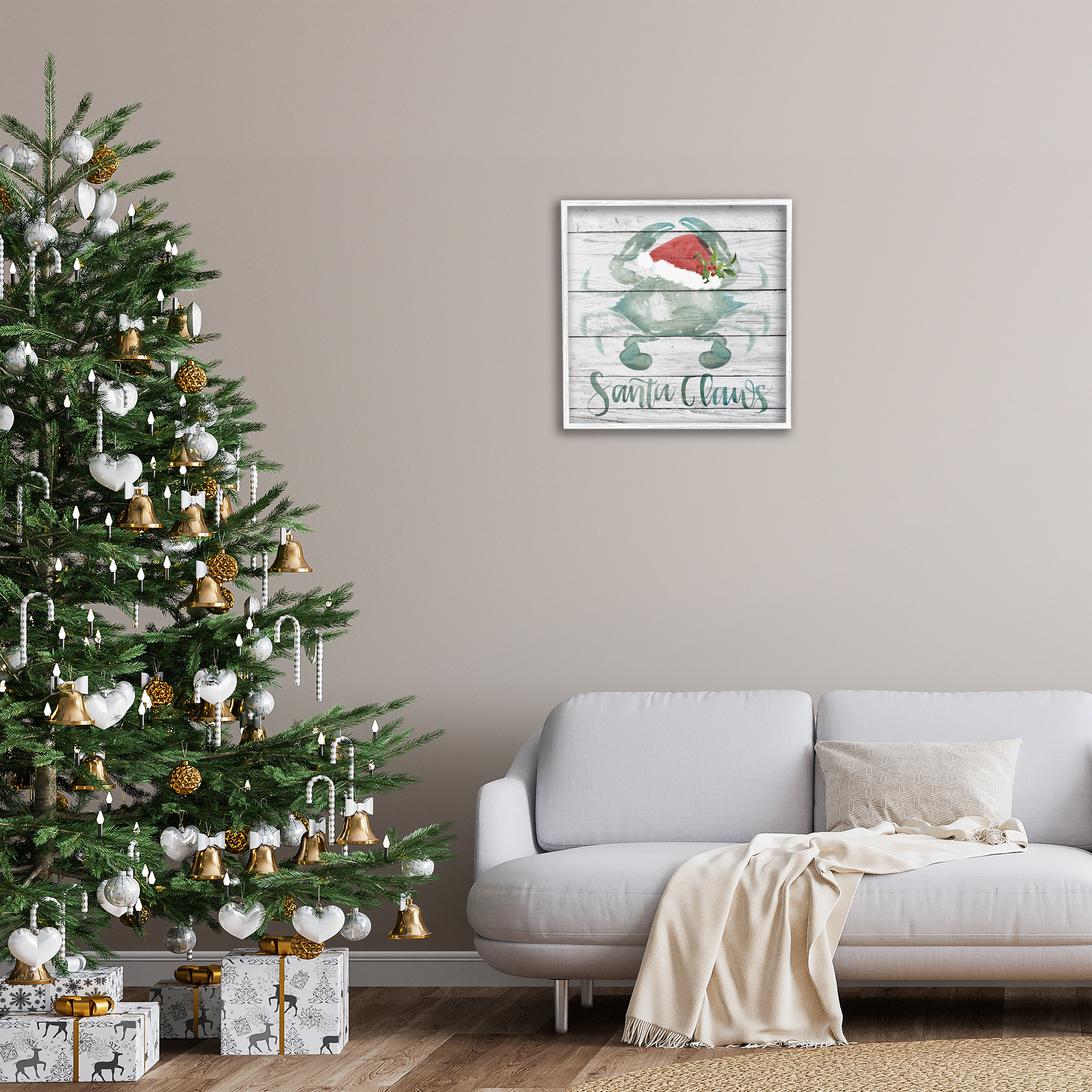 Stupell Industries Blue Crab Nautical Christmas Pun Nature Painting White Framed Art Print Wall Art, 24 x 24