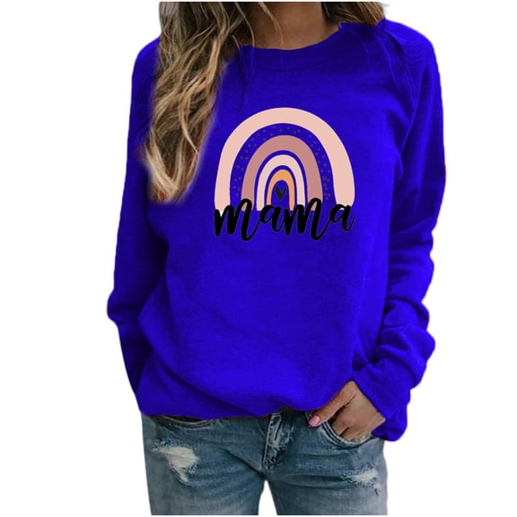 Abcnature Womens Crewneck Sweatshirt Casual Loose Fitting Tops Long Sleeve T Shirt Blouses Cute Graphic Funny Shirts Rainbow Casual Tee Blue S