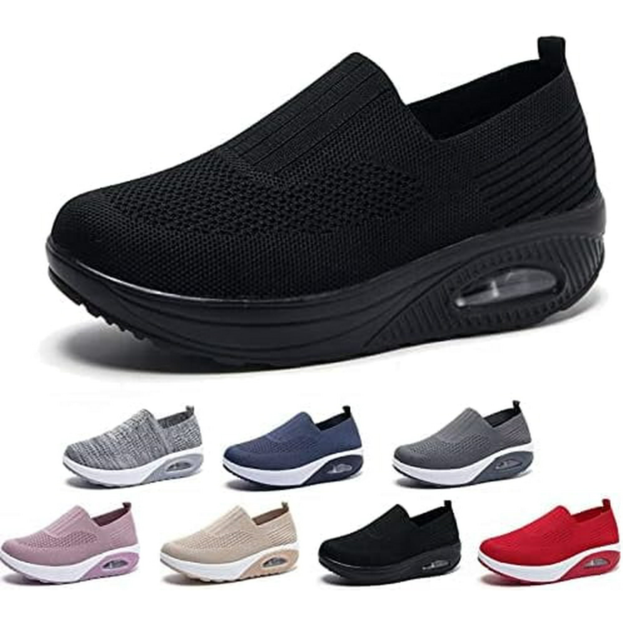 AZMAHT Chaussures Orthopédiques Femme à Plateforme - Baskets De Marche Antidérapantes, Coussin D'air, Maille Respirante, Enfiler, Noir, 40 EU