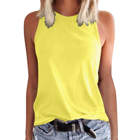 Fgnfyis Women Tank Tops Ladies Casual Solid Color Basic Sleeveless Summer Vest Top Round Neck T Shirt Women's Tops Yellow L