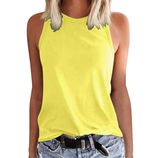 Ladies Solid Color Vest Sleeveless Summer T Shirt Round Neck Top