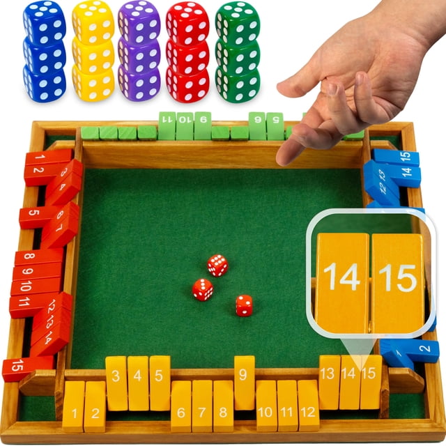 Juego Shut the Box Queensell de madera para 4 jugadores con 15 dados