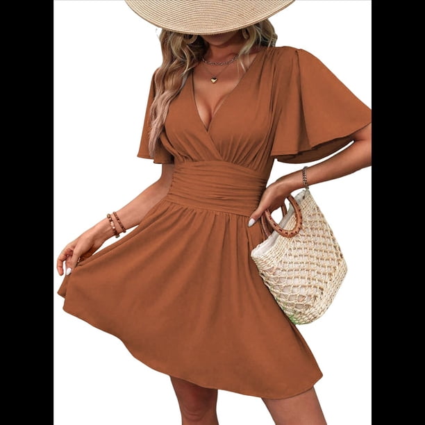 Vestido Mini de Verano con Escote en V y Mangas con Volantes, Corte A, Cintura Alta Elástica, Holgado y con Vuelo. Color Caramelo M