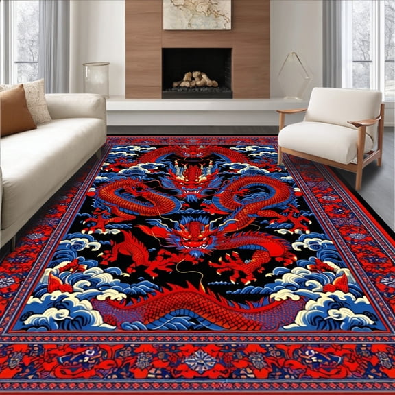 Flatwoven High Traffic Area Rug, Dynamic Dragon Contrast Artwork, Non Slip, Stain Resistant, Washable Area Rugs for Living Room, Bedroom(Red, 4X6)