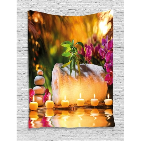 Spa Tapestry, Asian Classic Spa Day Joy in the Garden with Romantic Candles and Orchids, Wall Hanging for Bedroom Living Room Dorm Decor, Purple White and Green, by