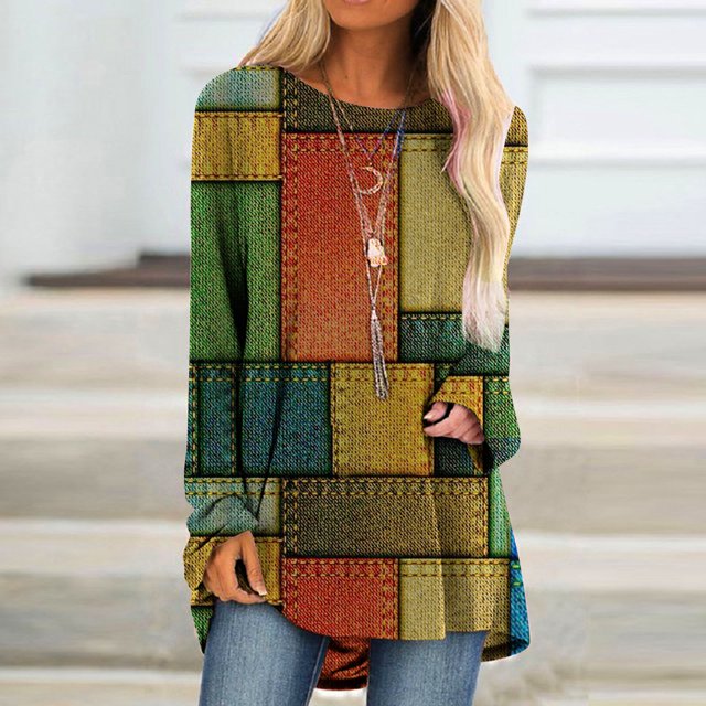 ICHUANYI Clearance Women Fashion Casual Socket Geometry Printed Long Sleeve Round-Neck Tops(Yellow, M) ICHUANYI WER2023081201469