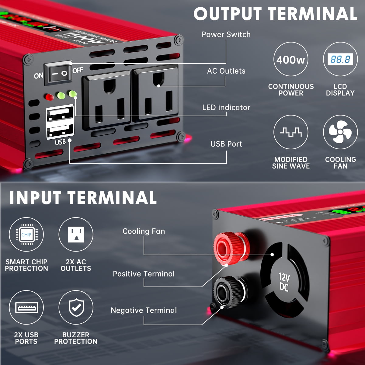 Power Inverter,Modified Sine Wave Inverter DC 12V to AC 110V Converter with LCD Display,1500W Peak Car Inverter with Dual 2.4A USB Port,Car Adapter and Cigarette Lighter for Car Home Laptop Truck.