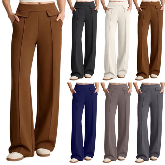 Bloomae Women's Yoga Dress Pants with Pockets Loose Wide Straight Leg Work Pants Elastic High Waist Dressy Casual Striped Pleated Comfy Flowy Trousers