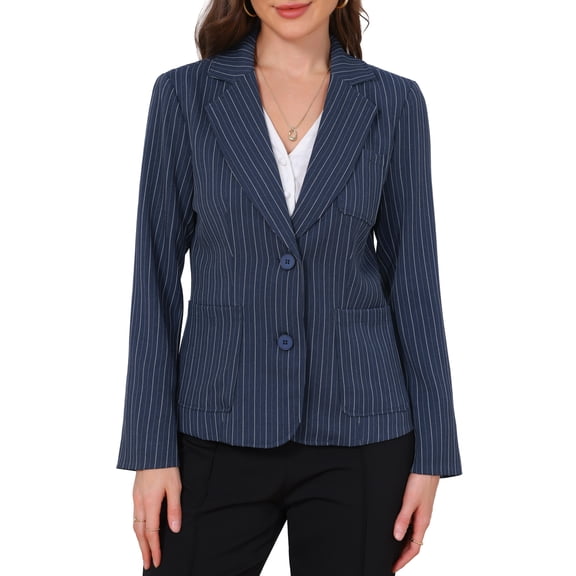 INSPIRE CHIC Pinstripe Blazers for Women Notched Lapel Long Sleeve Office Work Business Suit Jackets Striped Blazer with Pockets XS Navy Blue Stripes