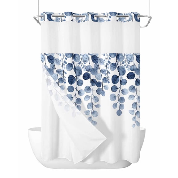 No Hook Cloth Fabric Shower Curtain with Snap in Liner, Blue Eucalyptus Leaves Waterproof Shower Curtains Set with See Through Top Window, Watercolor Floral Leaf Plants Bath Curtains Shower 48"x72"