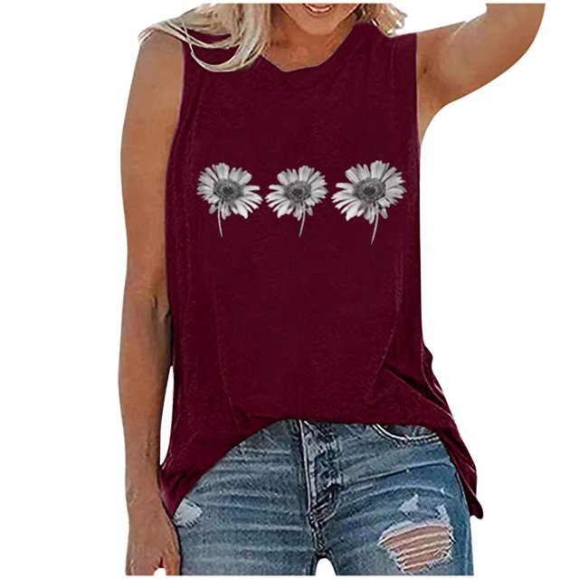 Pompotops Womens Tank Tops Casual Loose Fit Plus Size Sunflower Printed Tee Shirts