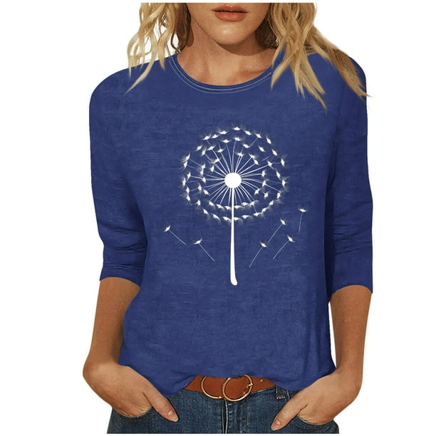 Tops de Cuello Redondo para las Mujeres Moda Impresa 3/4 Mangas Blusa Casual Top, Estante de Imitación