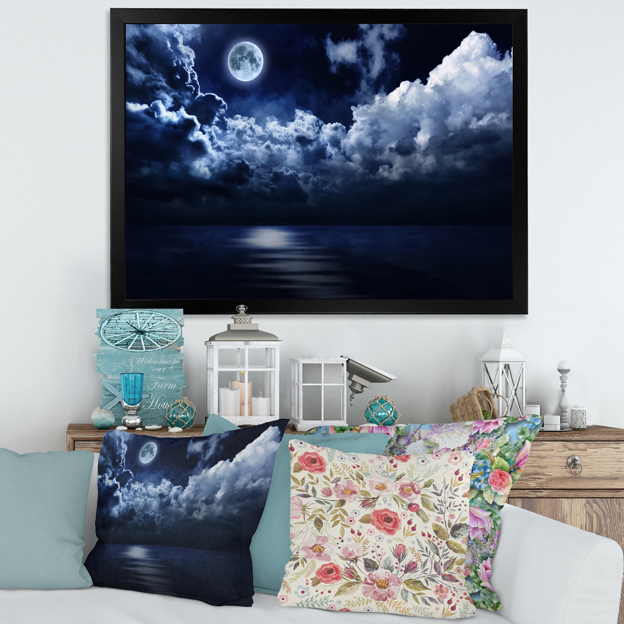 Designart 'Full Moon Night in Cloudy Sky' Modern Framed Art Print