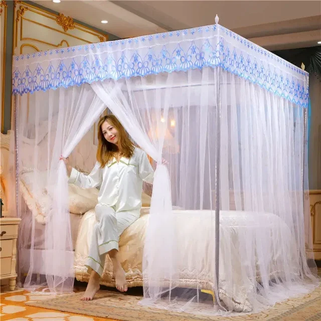 Romantic Lace Pleated Mosquito Net Embroidery Breathable Square Queen Double Bed Net Canopy Not Included Stainless Steel Bracket