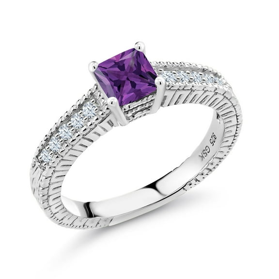 Gem Stone King 0.80 Ct Princess Cut Purple Amethyst White Created Sapphire 925 Sterling Silver Ring (Size 9)