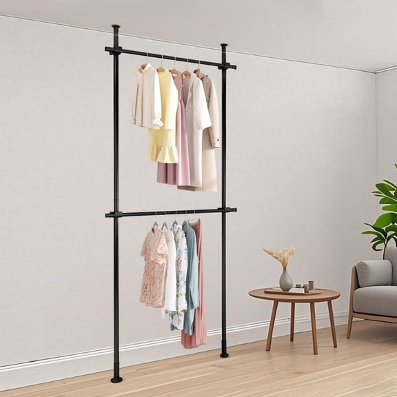 Floor to Ceiling Clothing Rack, 2 Tier Adjustable Heavy Duty Garment Rack, Metal Clothes Racks Closet with Tension Rod Free Standing, Black