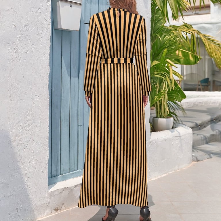 Striped Print Dress Orange and Black Line Korean Fashion Boho Beach Dresses  Women Long-Sleeve High Waist Sexy Long Maxi Dress