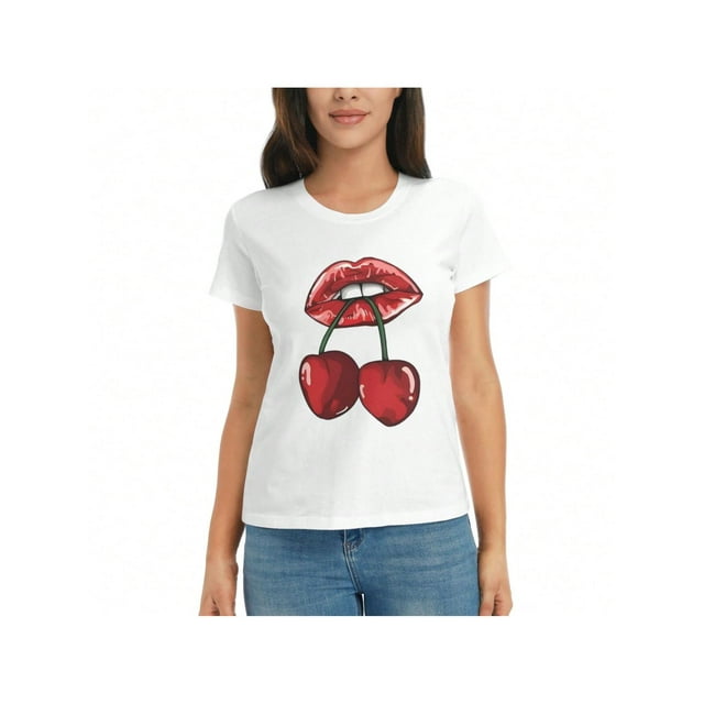 Women's Valentine's Day Cherry Lip Print T-Shirt ,Crew Neck Short Sleeve T-Shirts