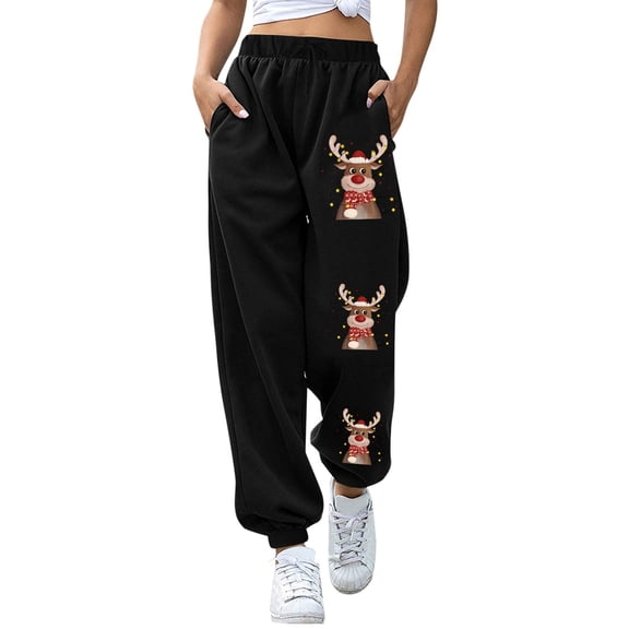 Women Fashion Christmas Print Bottom Sweatpants Pockets High Waist Sporty Gym Athletic Fit Jogger Pants Trousers