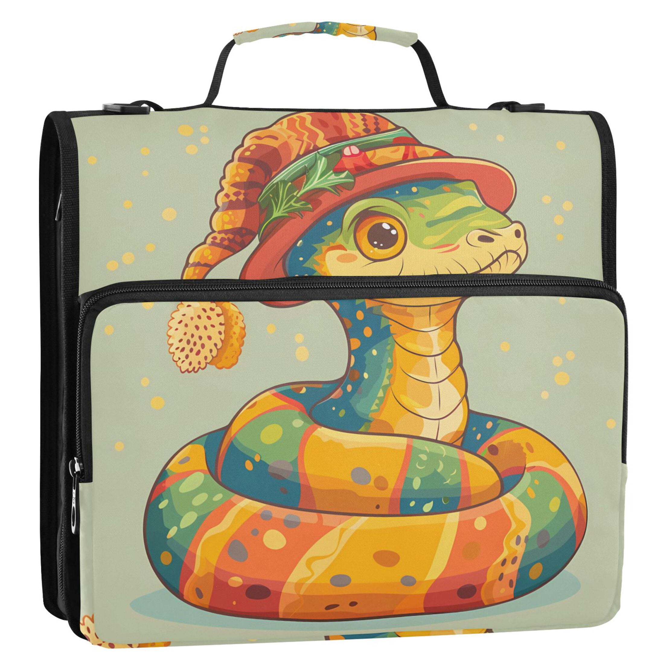 3 Ring Zipper Binder with Shoulder Strap Waterproof Trapper Keeper 2 Inch D-Ring 500 Sheets Capacity Cute Snake with Hat