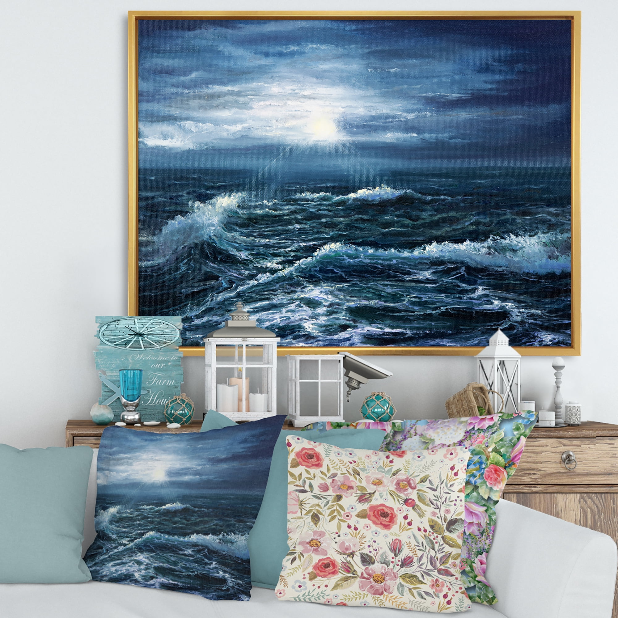 Designart 'Morning Glow Through The Ocean Waves' Nautical & Coastal Framed Canvas Wall Art Print