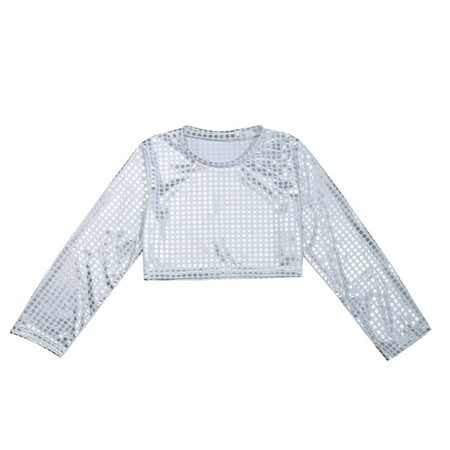 

KDFJPTH Children s Dance Polka Dot Sequin Long Sleeved Performance T Shirt Top Festival Party Costum Girls Soccer Blouse Girl