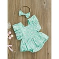 thumbnail image 3 of Baby Girl Romper Ruffle Fly Sleeve Square Neck Floral Romper with Bowknot Hairband, 3 of 9