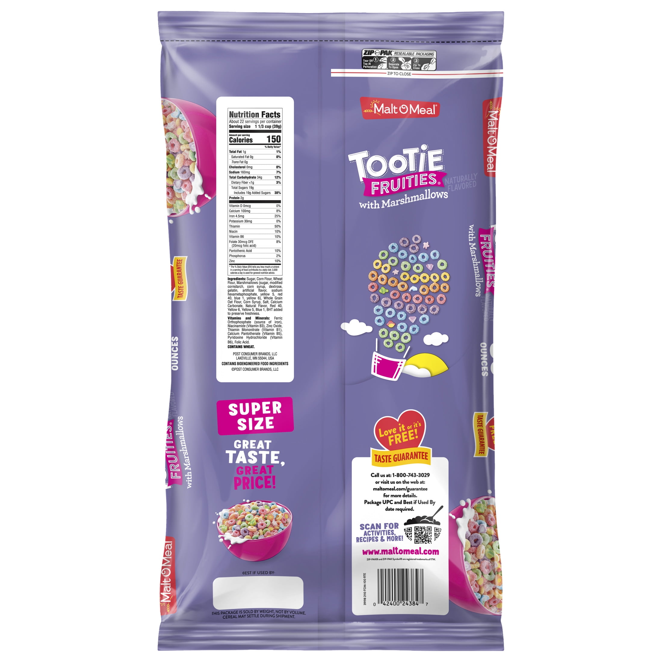 Malt-O-Meal Tootie Fruities Marshmallow Cereal, Fruity Rings with Marshmallows, 30 oz