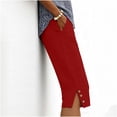 thumbnail image 2 of Stamzod Women's Summer Capri Pants Knee Length Straight Leg Pants with Pocket Side Slit Buttons Beach Vacation Capris Red S, 2 of 5