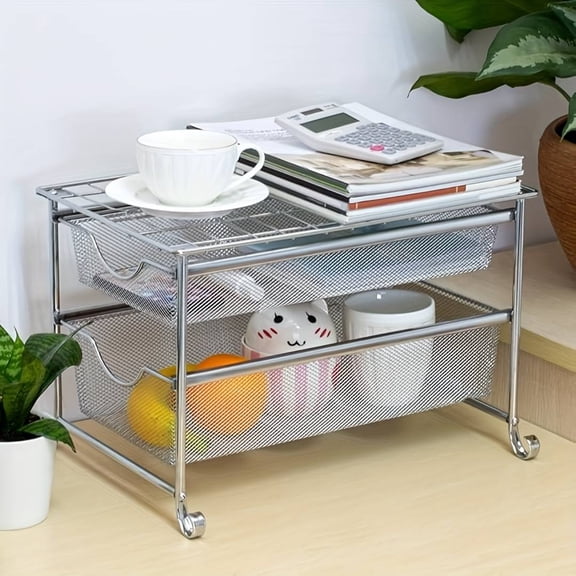 2 Tier Sliding Cabinet Organizer, Chrome-Plated Mesh Slide Out Drawers for Kitchen Bathroom Pantry, Heavy Duty Storage Rack