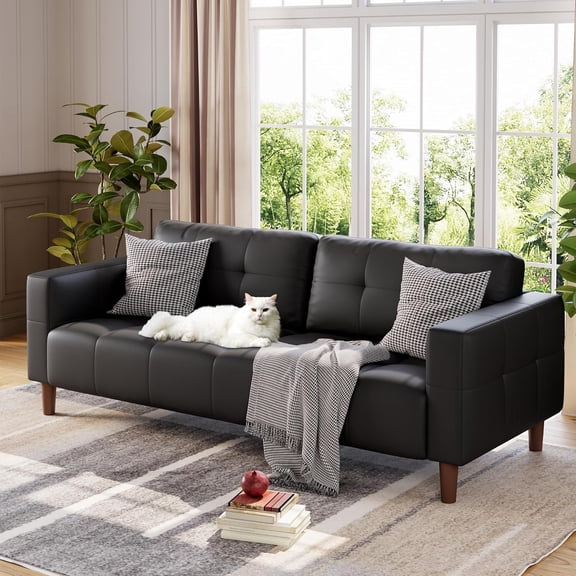 3-Seater Sofa Couch, 83" Wide Faux Leather Sofa Couch with Spring Cushion, Modern Sofa with Deep Seats and 2 Removable Back Cushions, for Living Room, Apartment, Office, Modern Black