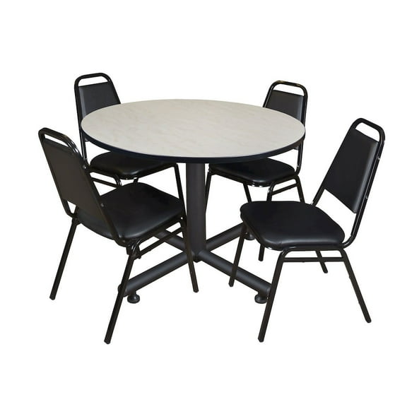 Regency 48 in. Round Breakroom Table- Maple, 4 Restaurant Stack Chairs- Black