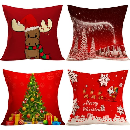 4 Pcs Christmas Pillowcases,Justdolife Snow Tree Letter Cow Pattern Cushion Covers Square Pillow Sham Shell Throw Pillow Cover Cushion Sofa Pillow Cover for Home Sofa Bed Living