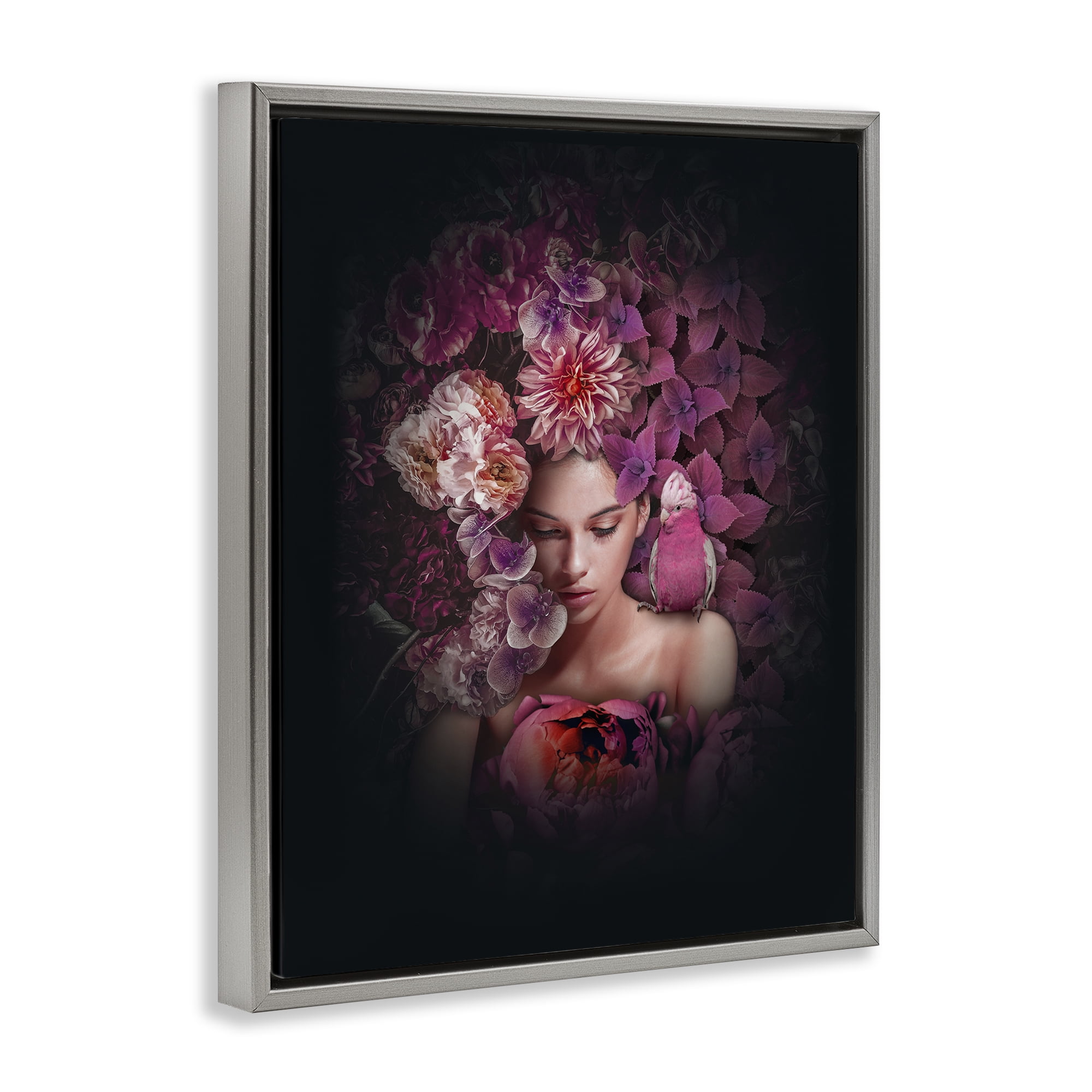 Stupell Industries Circular Flowers Woman Plants & Flowers Painting Gray Floater Framed Canvas Art Print Wall Art, 17 x 21