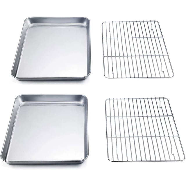 xianlin-TeamFar 9'' x 7'' x 1'' Toaster Oven Pan with Rack Set of 4, Stainless Steel Compact Toaster Ovenware Pan with Cooling Rack, Healthy & Heavy Duty, Easy Clean & Dishwasher Safe, (2 Pans + 2 Ra
